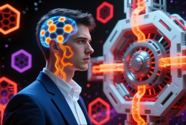 Young man connected to futuristic device with digital brain interface.