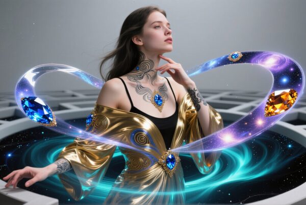 A mystical woman adorned in gold, surrounded by cosmic energy and sparkling gems, in a futuristic setting.