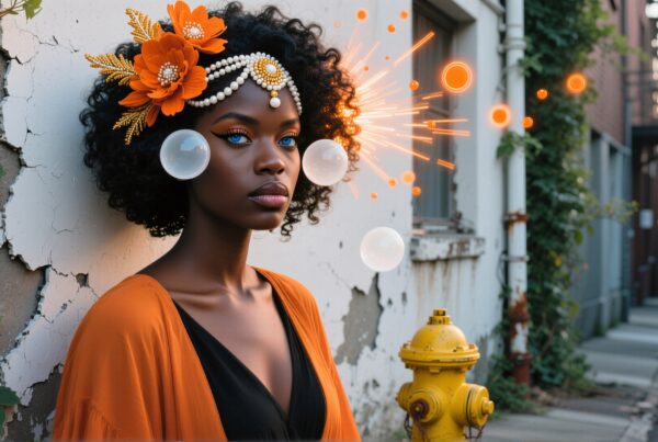 A woman with an afro and floral headpiece stands against an urban wall surrounded by artistic bubbles, blending natural beauty with street elements.