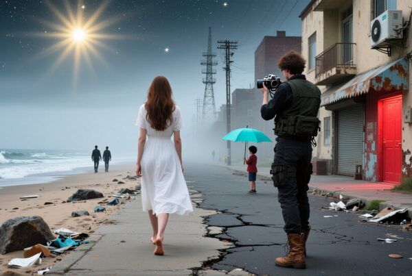 A woman walks by the ocean under a starry sky as a photographer captures the surreal scene.