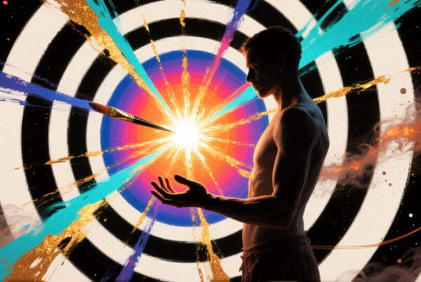 Silhouetted figure with vibrant concentric energy burst.