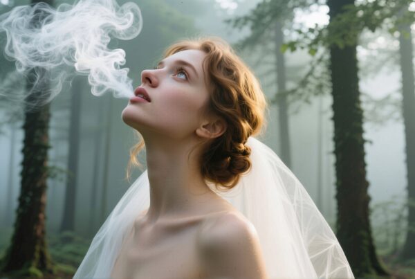 A woman exhales mist in a foggy forest, conveying ethereal beauty and tranquility.