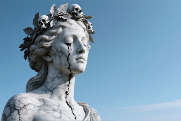 A marble statue with skulls and dark tears against a blue sky.