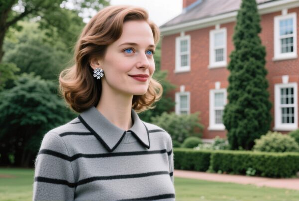 A woman with blue eyes smiling confidently in front of a brick building, wearing a gray-striped sweater, in a lush garden setting.