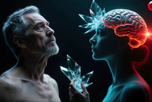 A futuristic scene with a glowing, crystalline brain and an older man, exploring cognitive evolution and human intelligence themes.