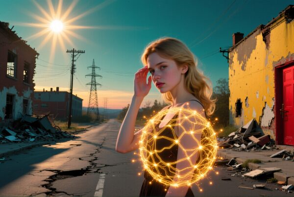 A mysterious woman emits a glowing aura in a desolate urban landscape.
