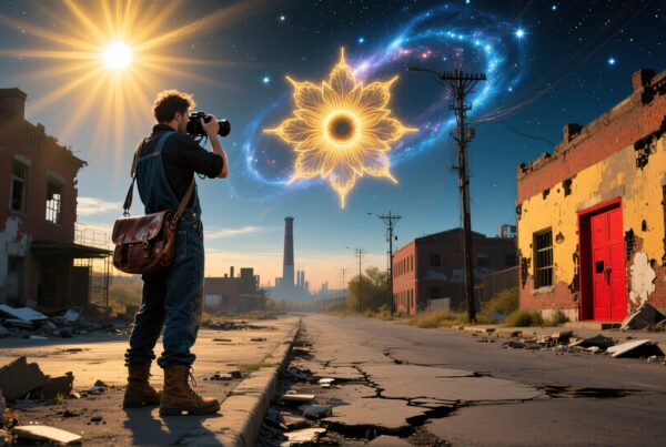 A photographer captures a surreal cosmic scene on a deserted urban street with a bright celestial design in the sky.