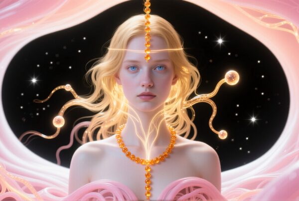 Ethereal woman with glowing jewelry, cosmic background.