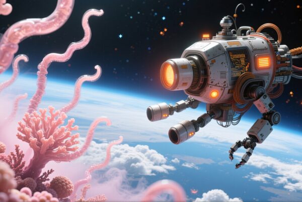 Futuristic robot exploring alien coral planet in space.