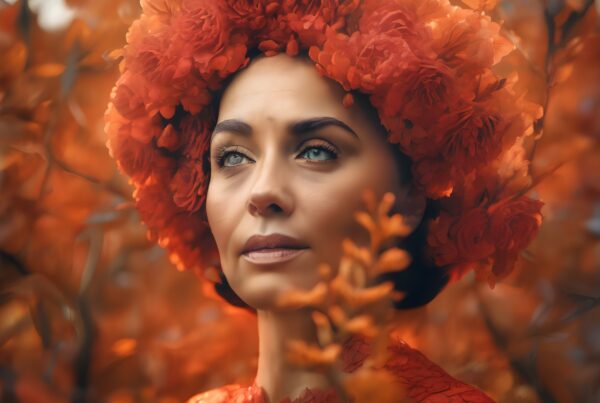 A woman in a red floral headdress stands amidst a vibrant autumn background.