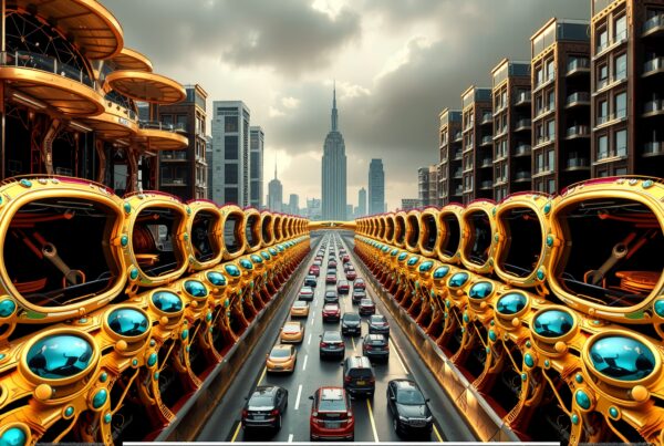 Futuristic cityscape with golden structures lining congested street.