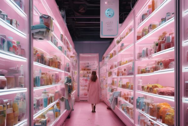 A person in a pink coat walks through a surreal supermarket aisle with pink neon lights and unusual items.