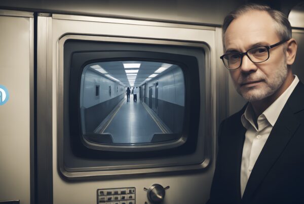 A man stands by a vintage TV showing a futuristic corridor.