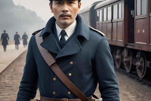 A man in uniform stands on a vintage train platform, evoking a historic military theme.