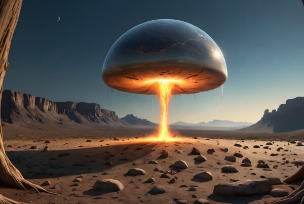 Futuristic glowing dome over desert landscape.