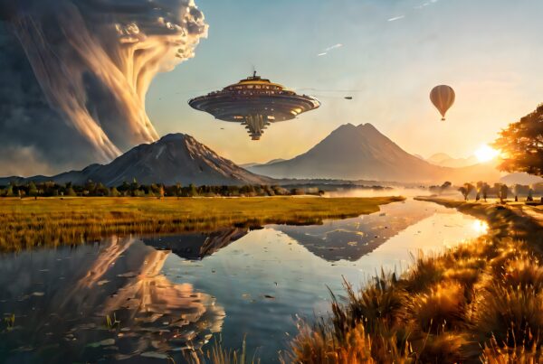 A futuristic landscape with a hovering spaceship, vibrant sunset, and tranquil river.