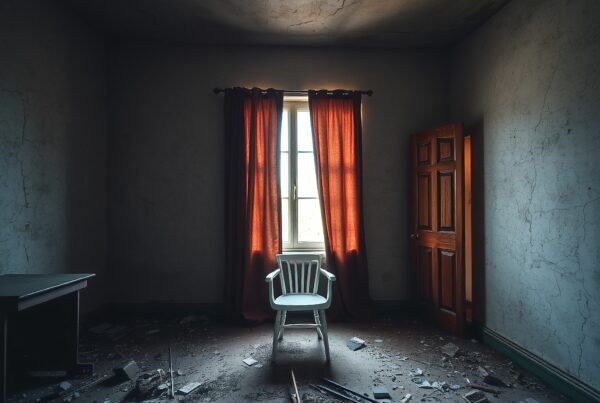 An abandoned room with red curtains, a white chair, and debris on the floor.