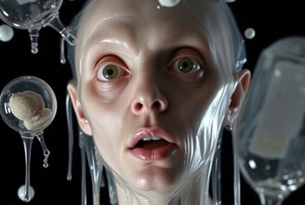 A surreal portrait of an alien-like figure with translucent floating objects and a glossy surface, set against a black background.