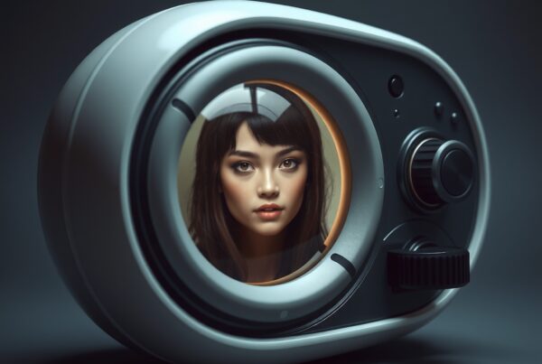 A futuristic device with a woman's digital portrait reflected in a circular frame, exuding mystery and modernity.