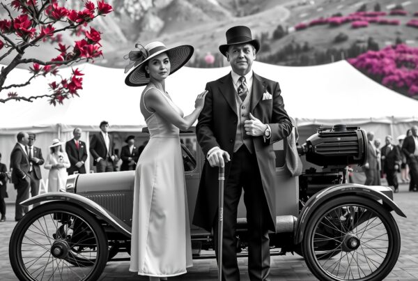 A sophisticated couple in vintage attire stands beside an antique car with scenic mountains and vibrant flowers in the background.