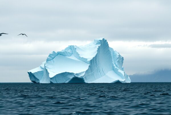 A large iceberg floating in the open ocean with gray clouds overhead and distant mountains, showcasing nature's majesty.
