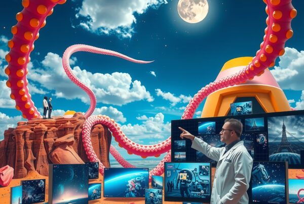 A surreal image of a pink tentacle in a futuristic landscape with a scientist and digital screens under a full moon sky.