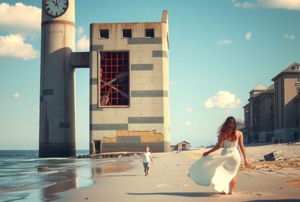 A woman and child walk along a sandy beach with a striking modern clocktower in the background.