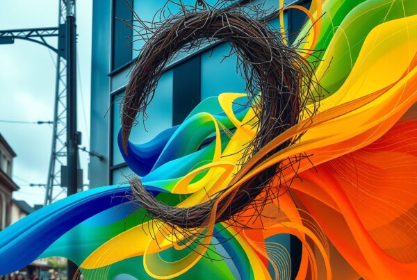 A vibrant wreath accentuates modern urban architecture with swirling colors.