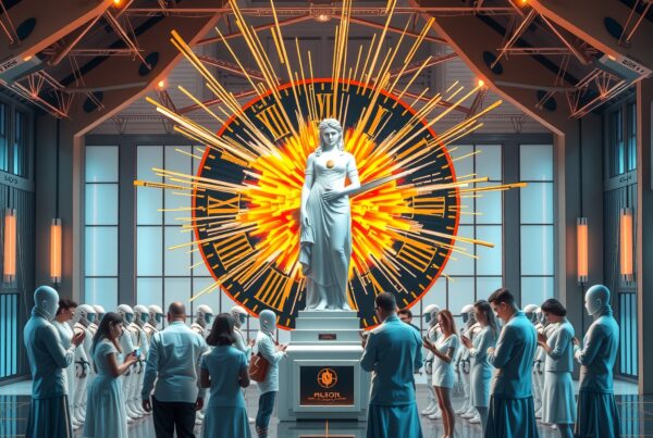 A futuristic hall with people surrounding a grand statue, illuminated by a bright radial light display.