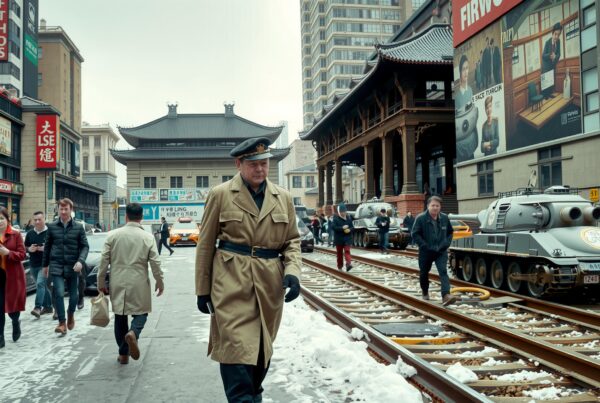City street in winter, bustling pedestrians, tanks, snow-covered tracks, urban architecture.
