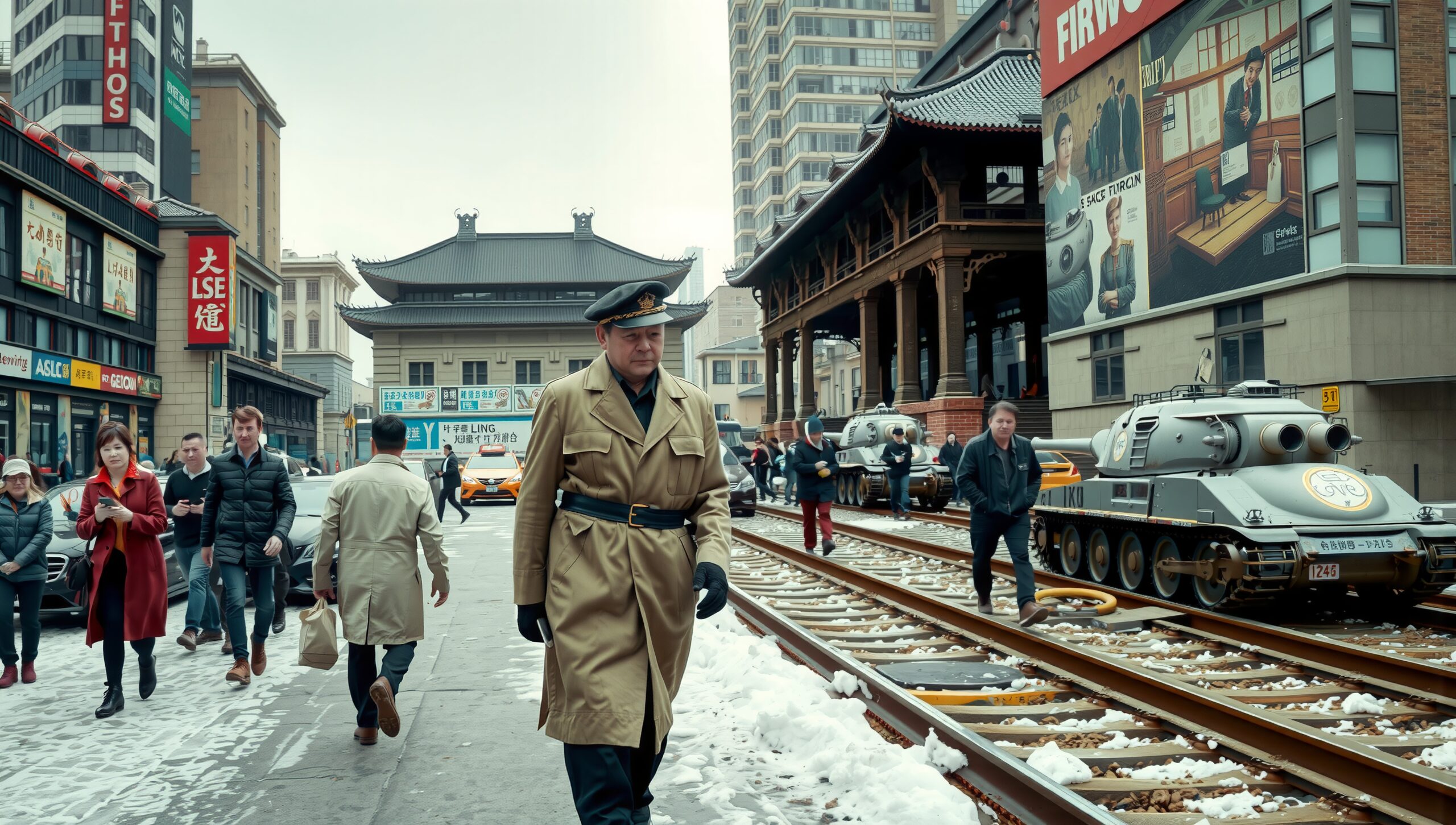 Urban Life Amidst Snowy Streets