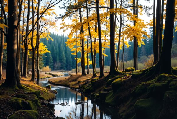 A serene forest scene with sunlight streaming through golden autumn leaves, casting reflections on a tranquil stream surrounded by mossy ground.