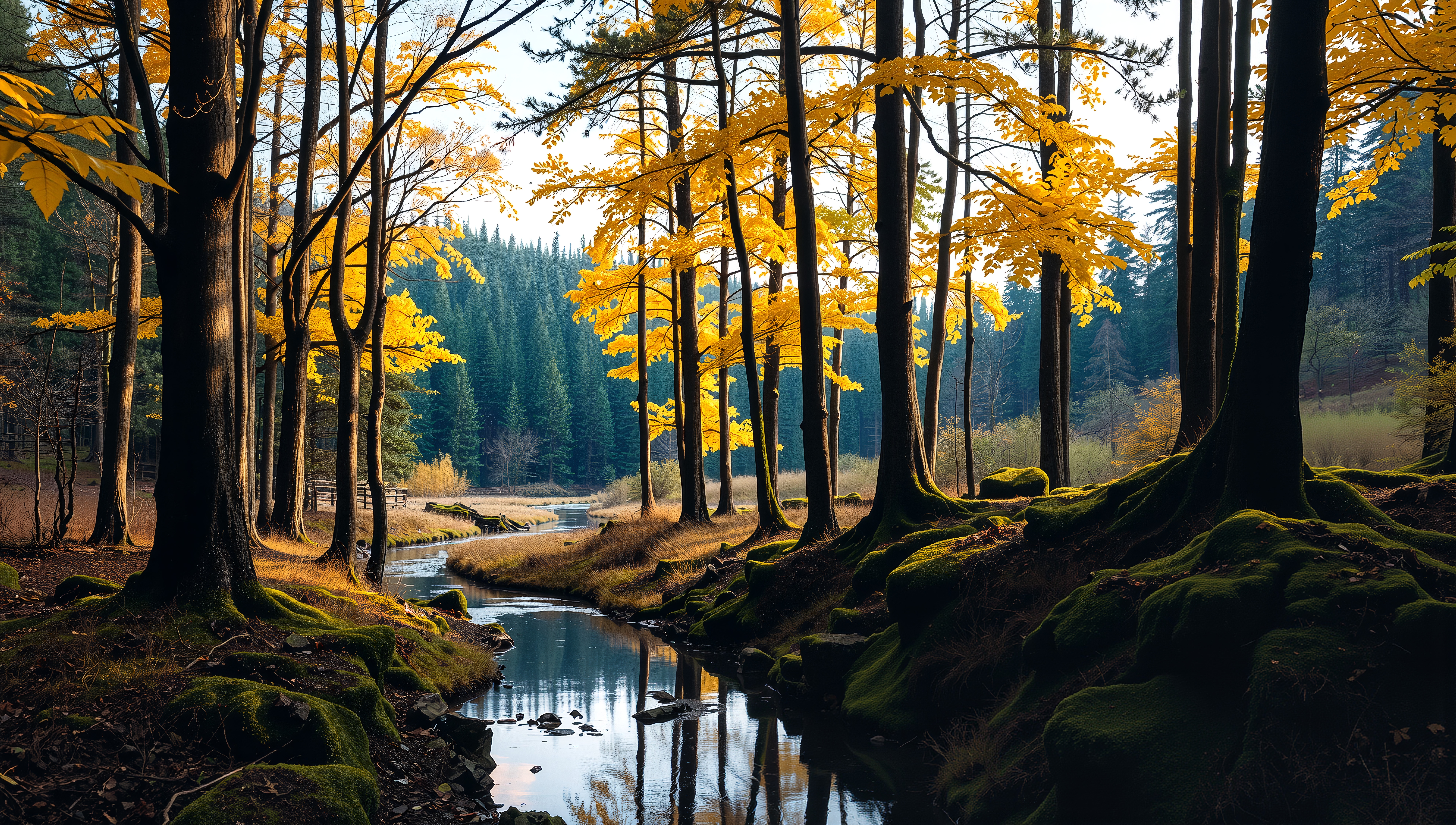 Golden Autumn Forest Stream Scene