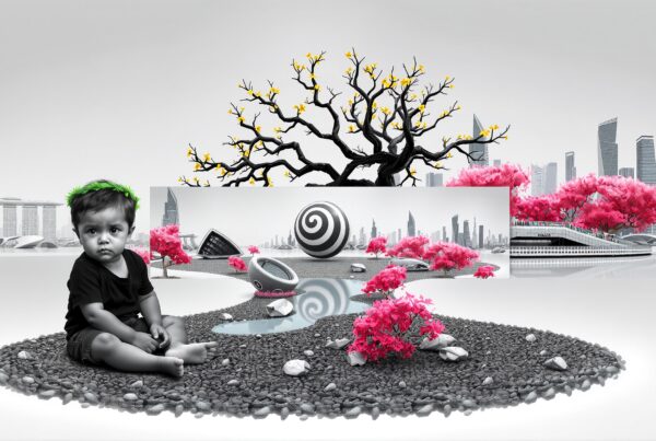 A child sits amidst a surreal futuristic cityscape with pink trees and abstract objects.