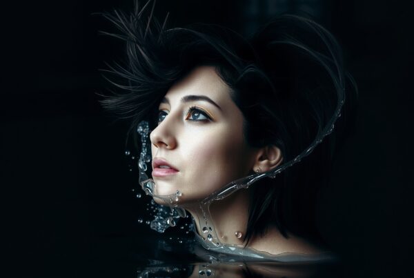 An ethereal portrait of a woman surrounded by splashing water droplets, her dramatic features and piercing blue eyes striking against a dark background.