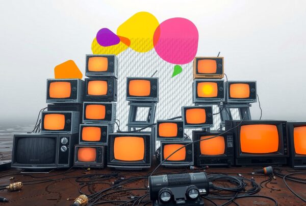 Stacked vintage TVs with colorful speech bubbles floating above, illustrating a blend of retro and digital aesthetics.