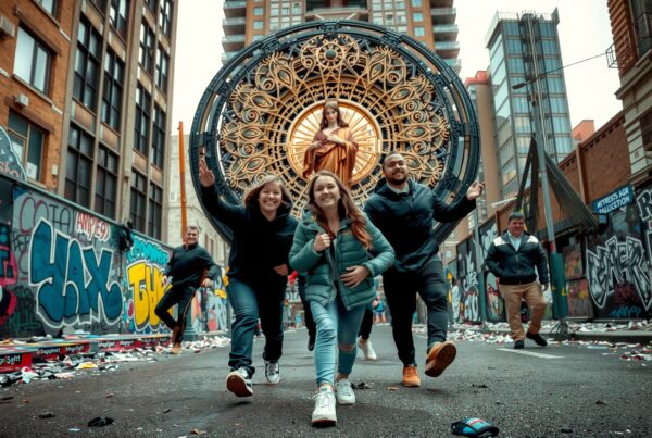 Group of people running in a graffiti-covered urban street with an artistic sculpture in the background.