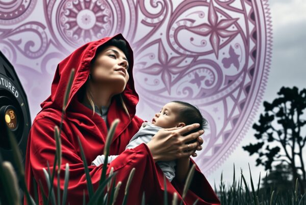 A woman in a red cloak holding a baby sits near a futuristic wheel with a mandala background.