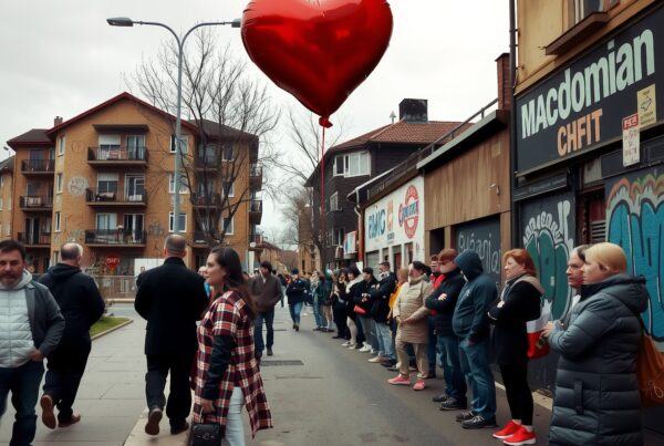 A line of people on a city street with a large red heart-shaped balloon.