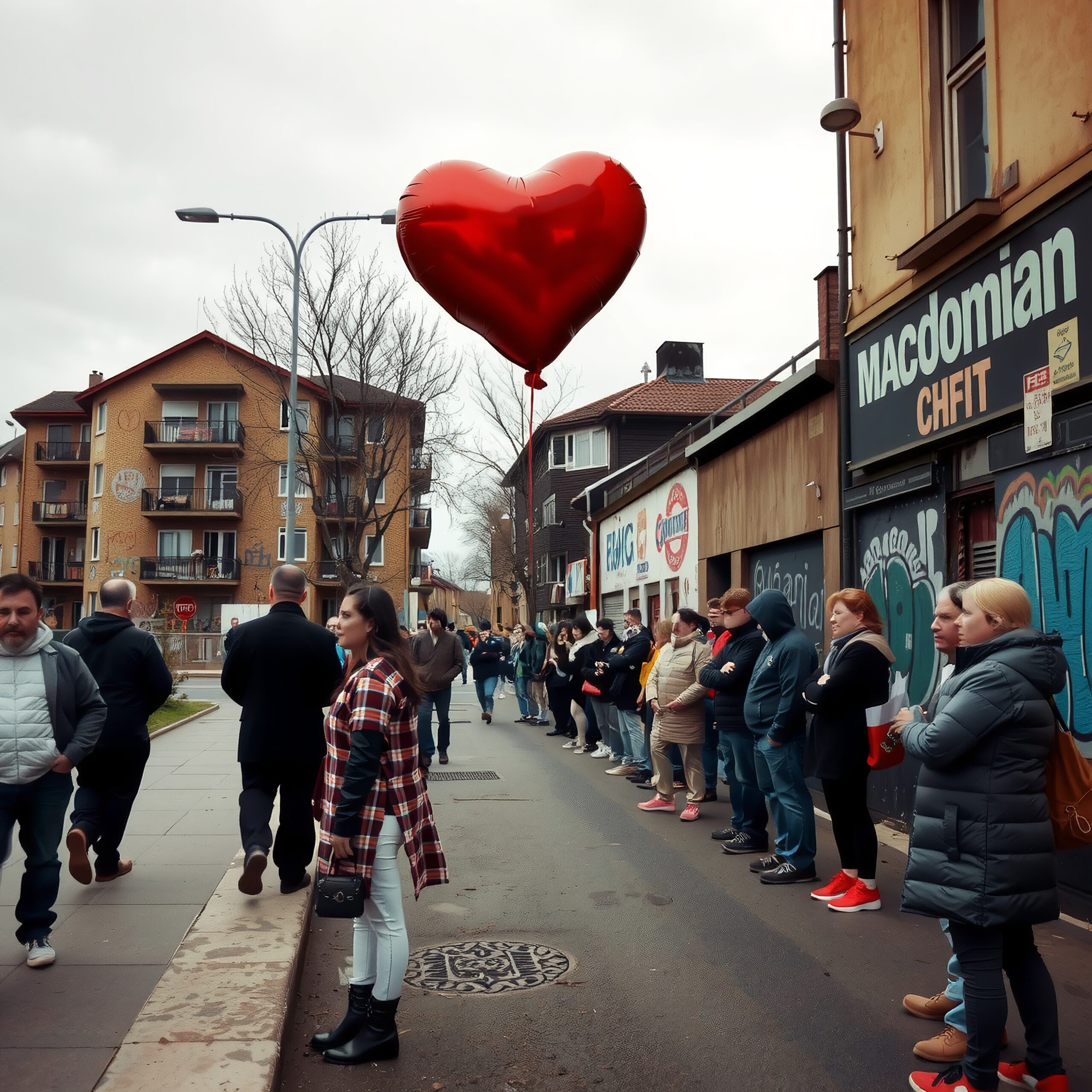 Urban scene with heart balloon