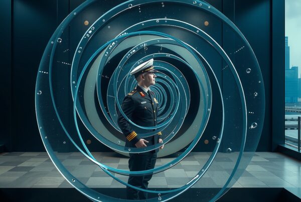 A person in a futuristic military uniform stands inside concentric rings with city view.