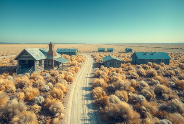 Aerial view of scattered houses in dry desert landscape.