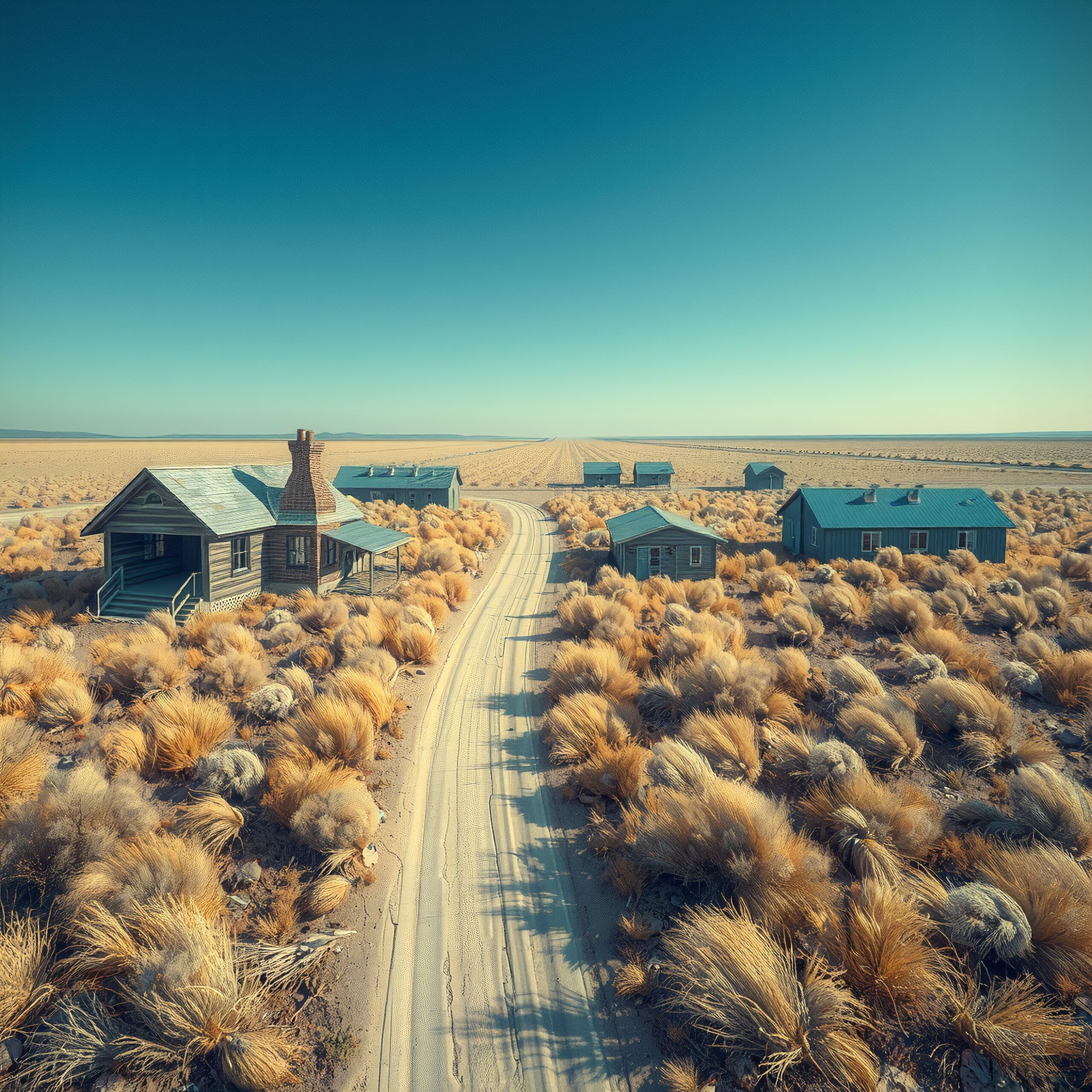Deserted houses in sunlit desert