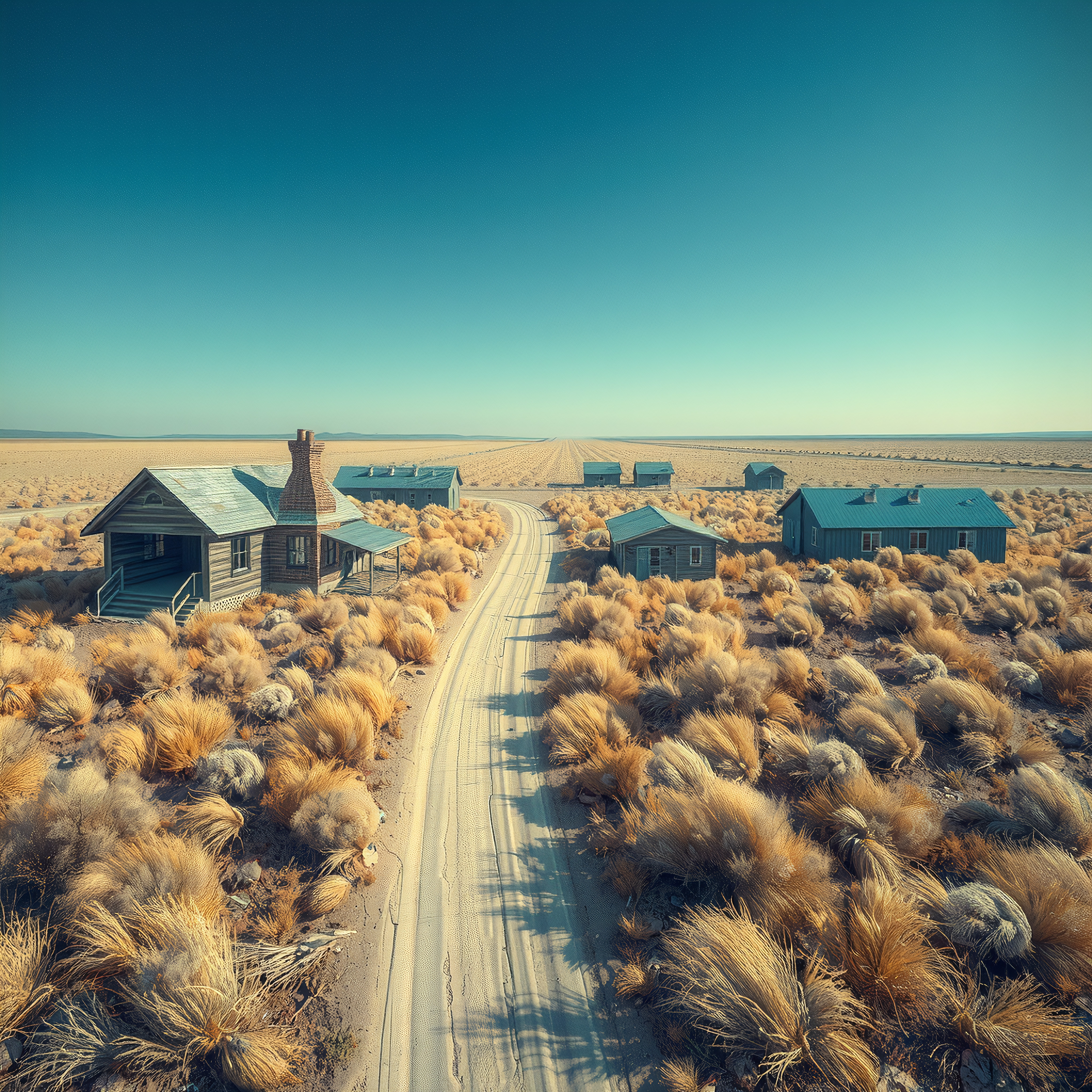 Deserted houses in sunlit desert