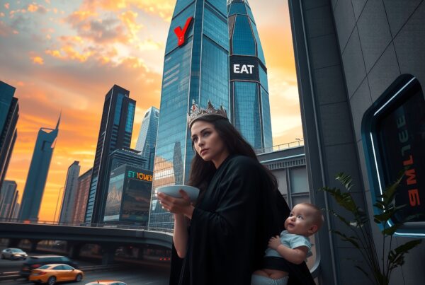 A crowned woman and baby stand on a balcony, overlooking a modern city skyline at sunset.