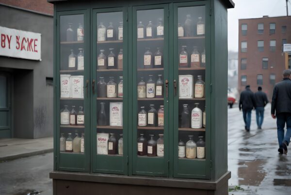 A vintage glass cabinet filled with bottles stands on a rainy urban sidewalk, with pedestrians and buildings in the background.