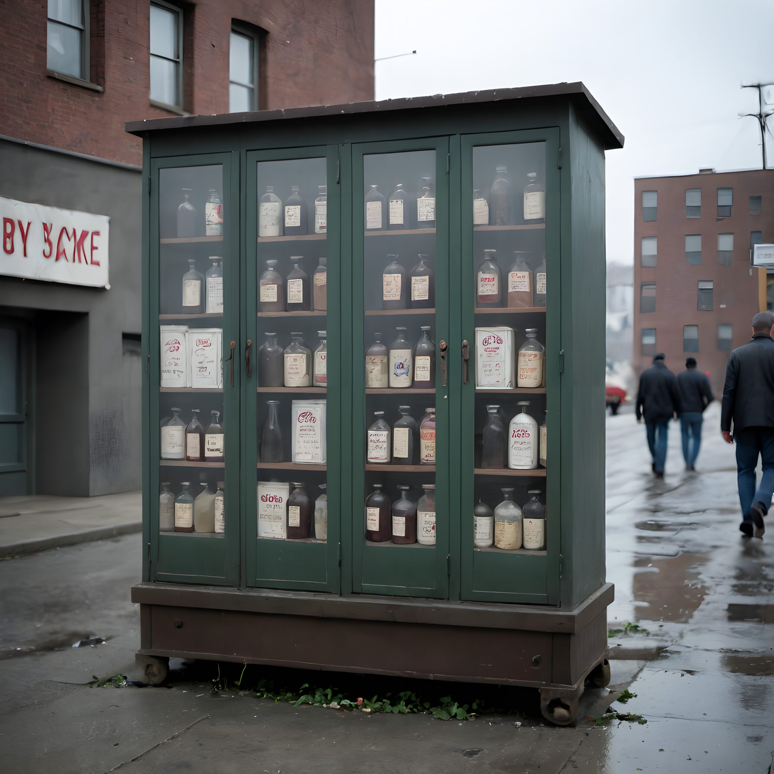 Vintage Cabinet on Rainy Sidewalk