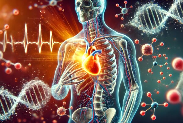 Detailed illustration of human anatomy highlighting the heart, DNA strands, and molecular structures against a cosmic backdrop.