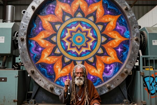 Elder in brown robe meditates before vibrant mandala in industrial setting.