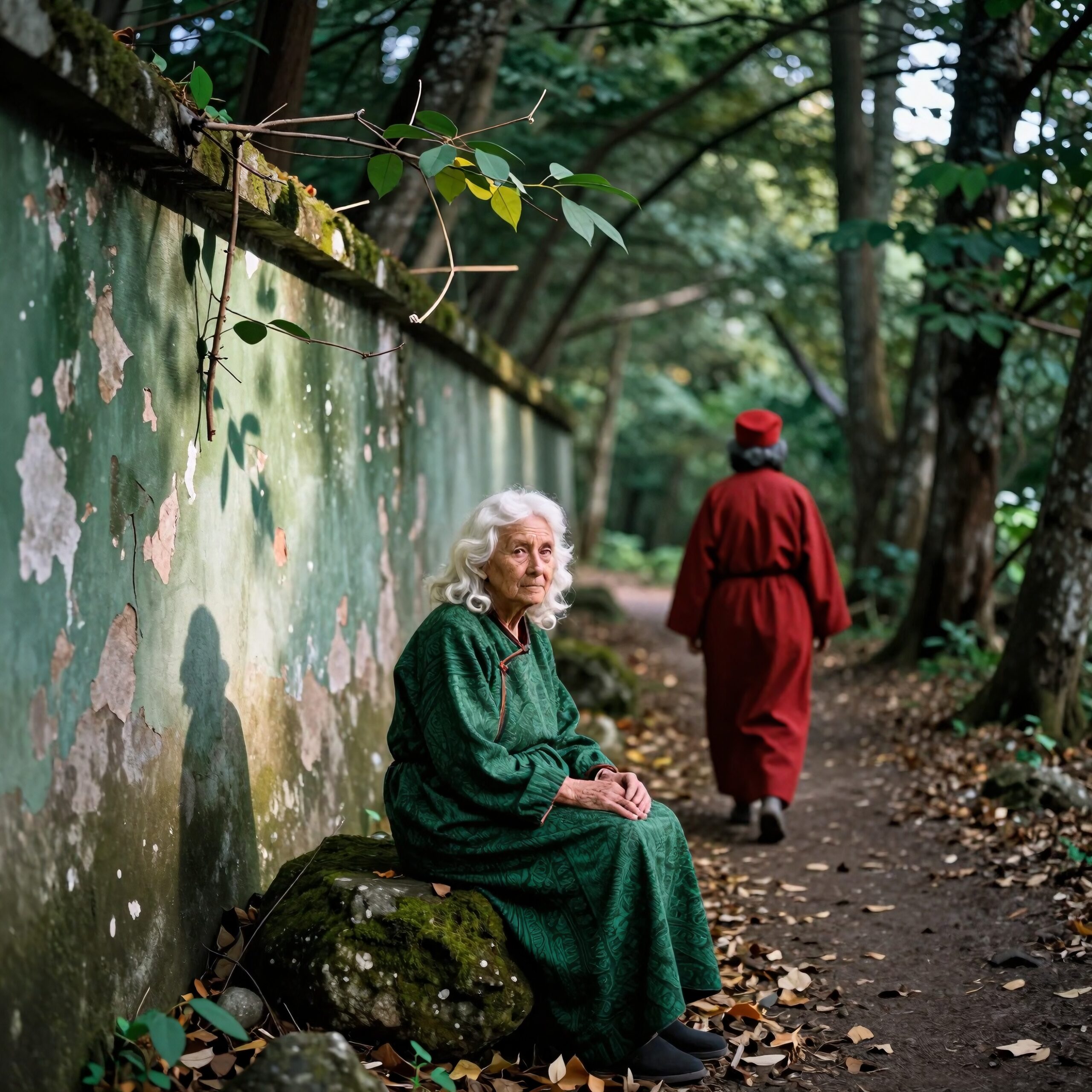Contemplative Walk in Green Forest